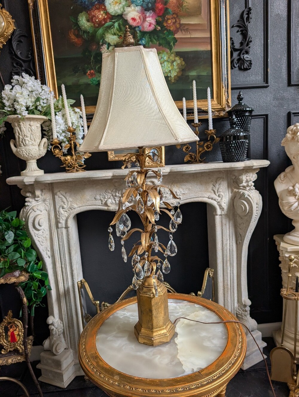 Vintage,Tall, Italian Ornate Tole, Regency, gilt metal leaves, prism, Table Lamp
